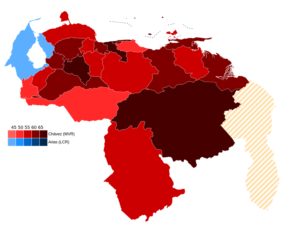 Карта Боливарианской Республики Венесуэла по итогам президентских выборов 2000 года. Красным и темно-красным цветами обозначены штаты, в которых победил левый кандидат и действующий, на тот момент, президент Уго Чавес. Голубым обозначены районы, где победу одержал соперник Уго Чавеса от левой партии "Радикальное дело" Франсиско Ариас Карденас, желтыми штрихами обозначен территориальный спор с соседней Кооперативной Республикой Гайана, где выборы не проводились