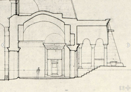 На рисунке часовни, выполненный Робертом Ван Ницце очень хорошо показан мас-штаб. На рисунке показан дверной проем, который вел к проходу Святого Николая и винтовой деревянной лестнице.