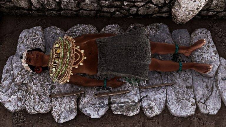 Реконструкция захоронения принцессы Тингамбато с инвентарем.