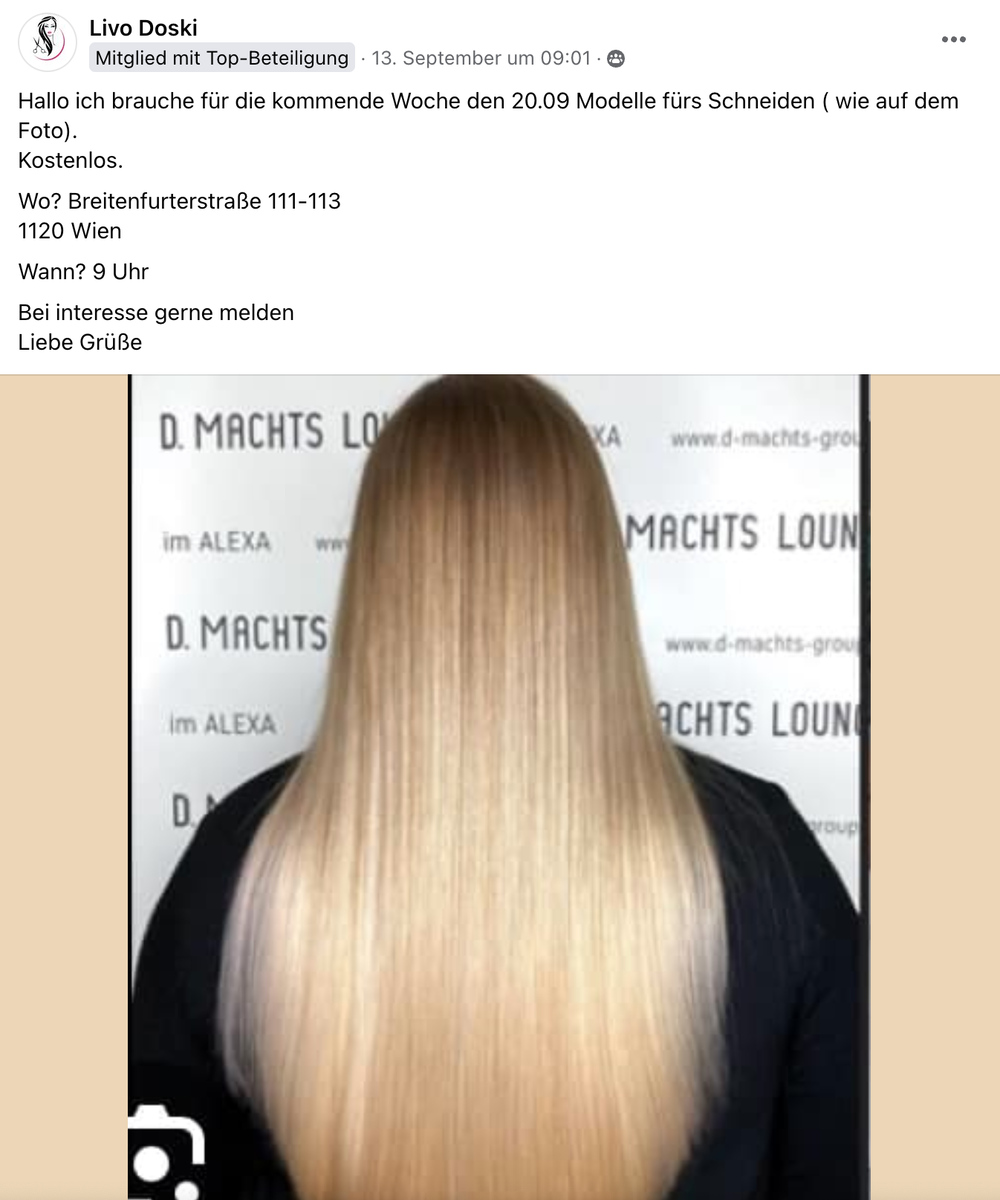 То самое объявление о бесплатной стрижке в группе. Livo Doski - это ненастоящее имя автора поста. Девушку зовут иначе.