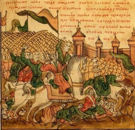 Нашествие Батыя на Русь, миниатюра из Жития Евфросиньи Суздальской, XVII век
