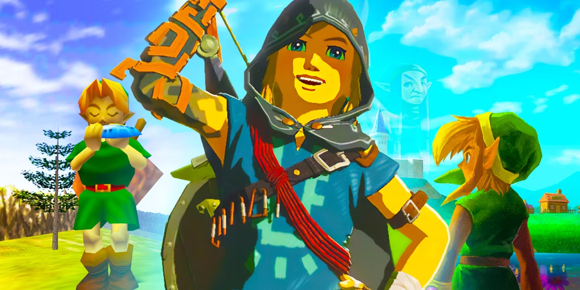 Три изображения Линка сквозь годы: версия N64, играющая на окарине, версия TOTK с поднятой в триумфе рукой и нарисованная версия в классическом зелёном тунике, смотрящая вдаль.