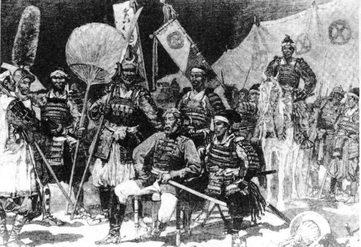 Рисунок 11: Такамори Сайго, «Последний самурай», со своими офицерами в 1877 году. Обратите внимание на западную форму генерала.