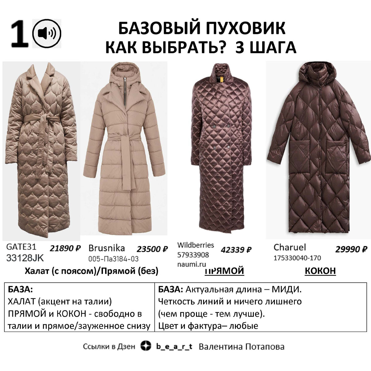 КАК ВЫБРАТЬ БАЗОВЫЙ ПУХОВИК (листаем ленту): 1 шаг: Выбираем фасон: - ХАЛАТ (акцент на талии) - ПРЯМОЙ и КОКОН - свободно в талии и прямое/зауженное снизу Пуховик 2 подборка: - Brusnika 005-Па3678-15.1 - GATE31 33128JK - Brusnika 005-Па3184-03 - Wildberries 57933908 naumi.ru - Charuel 175330040-1701