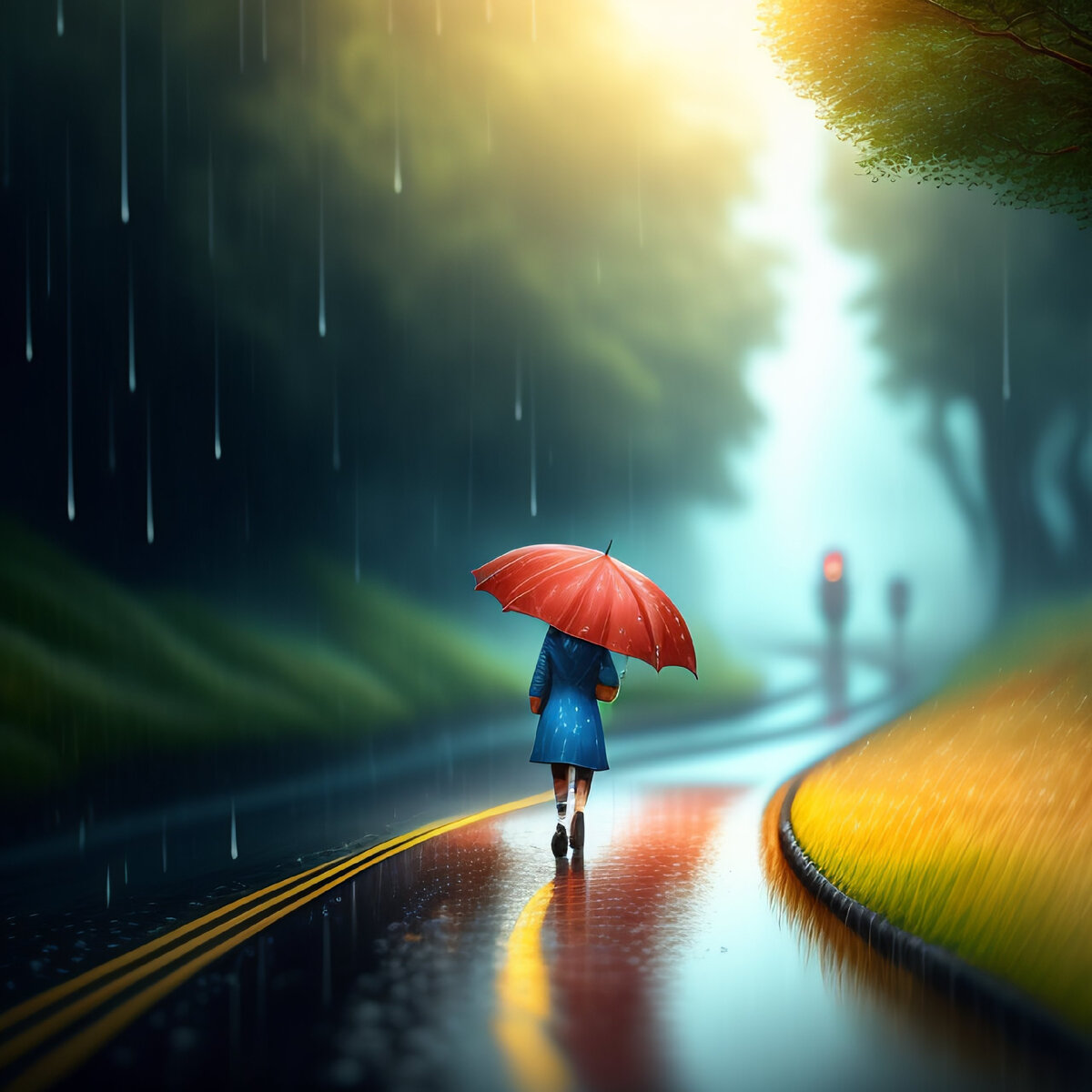 Пенья дождя. Хмурая дождливая наступила осень. Девушка в дождь поет.