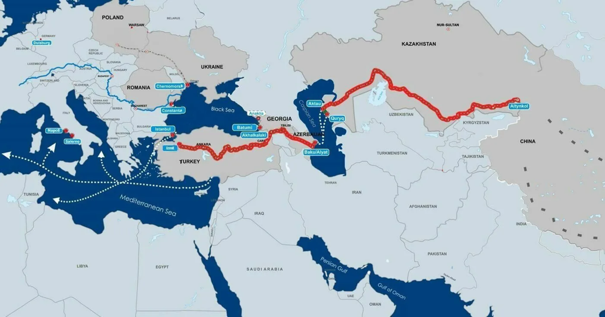 Карта Среднего коридора через Турцию, Азербайджан, Казахстан