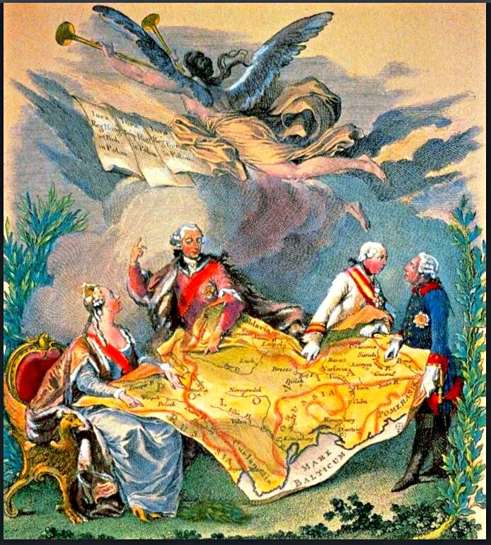 Монархи Австрийской империи, Российской империи и Пруссии делят Речь Посполитую.