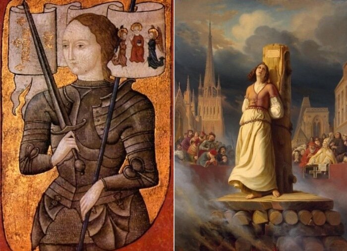 Слева – Жанна д'Арк. Миниатюра второй половины XV в. Справа – Г. Штильке. Смерть Жанны д’Арк на костре Источник: https://kulturologia.ru/blogs/180416/29215/