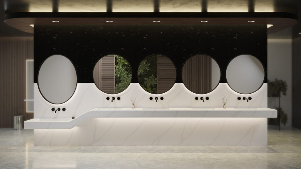 Для столешницы и облицовки стены использован декор M801 Calacatta Luna HIMACS от LX Hausys (Корея) 