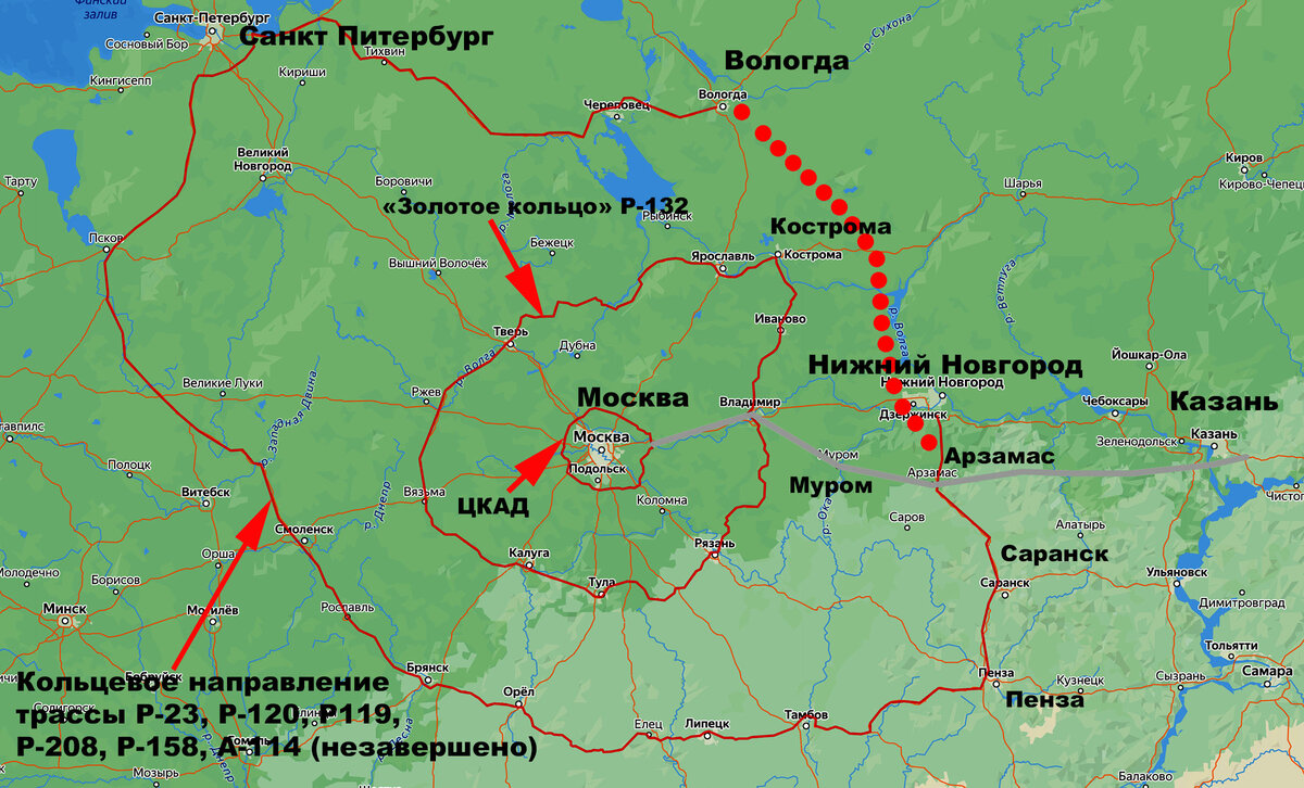 Такая организация маршрута позволит завершить кольцевое направление вокруг Москвы (по трассам Р-23, Р-120, Р119, Р-208, Р-158, А-114) и разгрузить главное направление коридора  «Север–Юг» (Мурманск –Санкт Петербург – Москва – Краснодар).