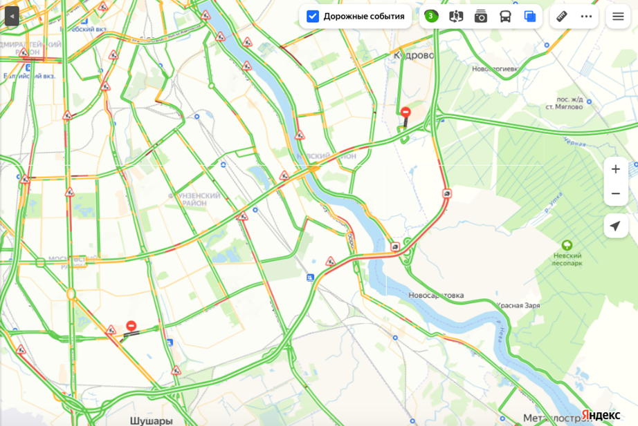    Дорожная обстановка после ДТП на юго-востоке Петербурга, 14.07.2023. Автор фото: "Яндекс.Пробки"