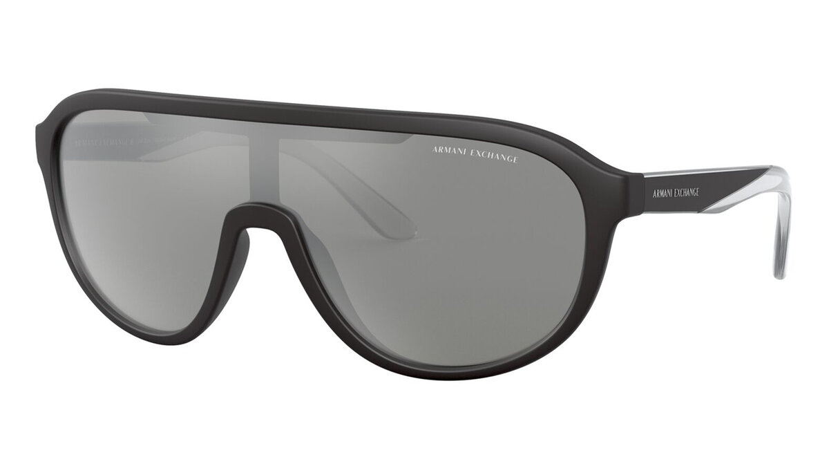 Armani Exchange 4099S 80786G. Итальянское производство. Модель «Маска» (монолинза) в спортивном стиле и в виде маски (монолинза). Линзы изготовлены из серого пластика и имеют зеркальное покрытие.