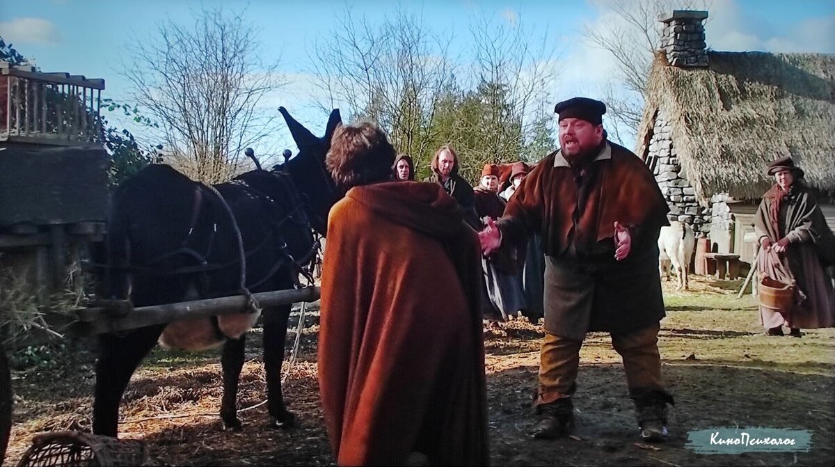 "Однажды в сказке", кадр из фильма. Бейлфайр столкнулся с осликом этого милого мужчины, а мужчине пришлось из-за этого расстаться с жизнью...