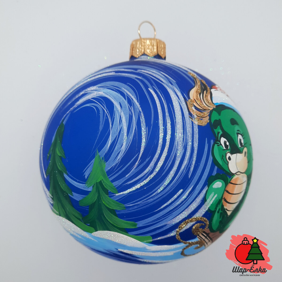 Ёлочный шар 100 мм "Дракон на санках" (Винтажный шар)