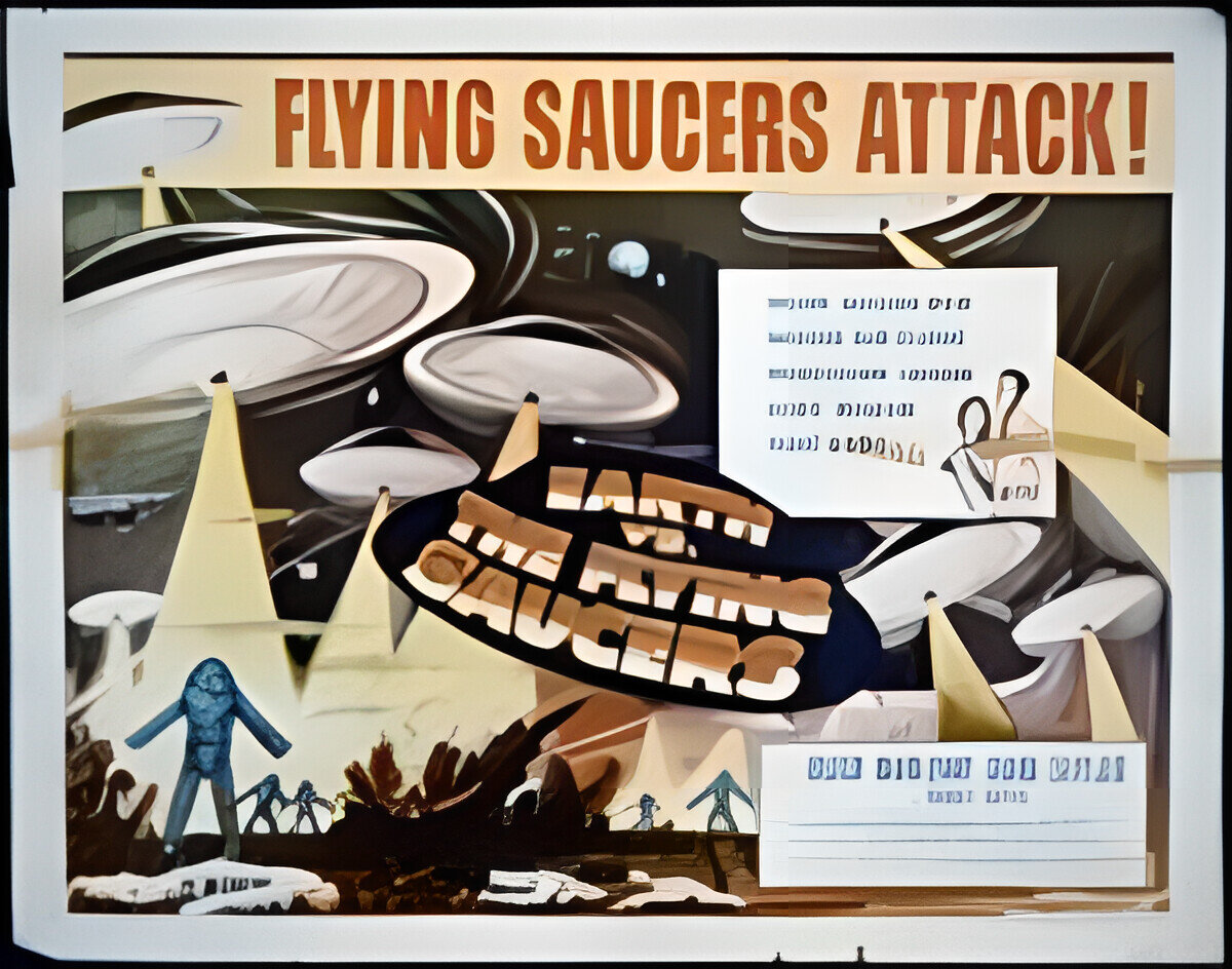 Такие фильмы, как «Земля против летающих тарелок», использовали и распространяли идеи о возможностях посещения Земли летающими тарелками и потенциального нападения на них. Атака летающих тарелок! 1956.