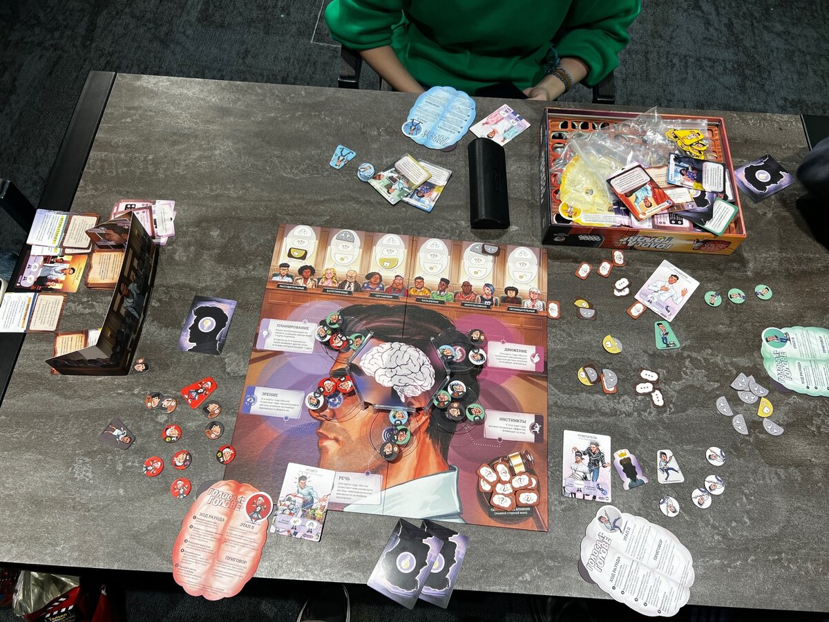 Игровое поле при игре впятером. Слева находится зона прокурора с ширмой. В центре находится мозг Гая