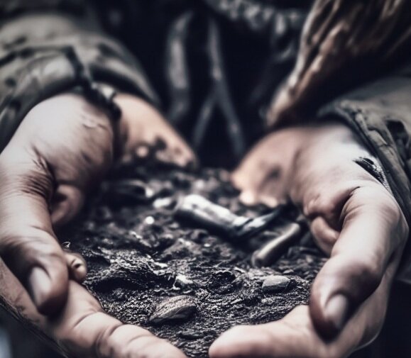 Дом, в котором жил Эдмондо, был сожжен дотла и на его месте осталось лишь пепелище. Эдмондо стал собирать руками пепел и причитать (нейросеть)