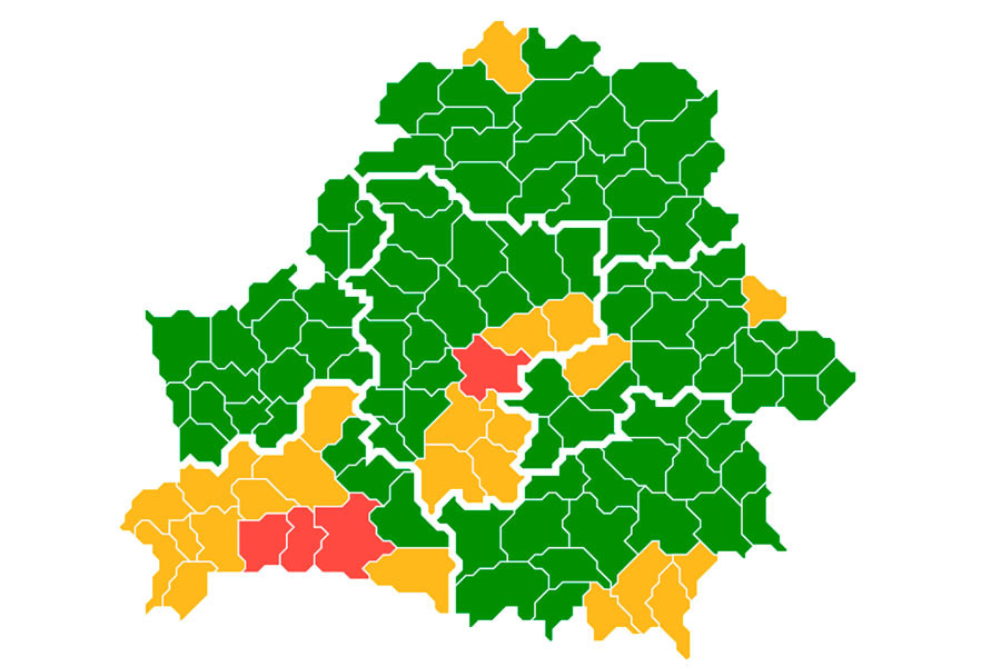   Зеленый – посещение разрешено | Желтый – посещение ограничено | Красный – посещение запрещено Скриншот: Минлесхоз