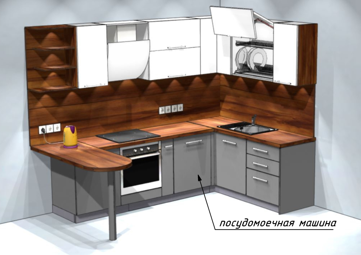 Посудомоечная машина в углу.