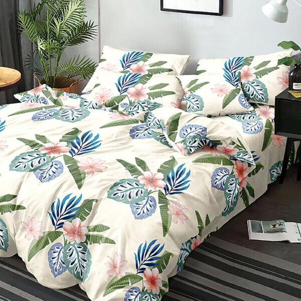 Комплект из полисатина, голубые листья на бежевом фоне