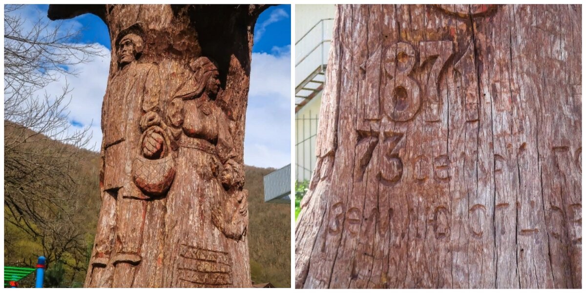 От дуба остался ствол с резьбой, на которой изобразили историю поселения Эсто-Садок от первых эстонских переселенцев. У подножия дуба бетонная опалубка со с трудом различимыми надписями на тему истории. Рядом спортивная и детская площадки, Дом культуры. Можно посидеть в тени деревьев