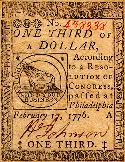 1.	1/3 Континентального доллара 1776 года выпуска. https://upload.wikimedia.org/wikipedia/commons/f/ff/Continental_Currency_One-Third-Dollar_17-Feb-76_obv.jpg?uselang=ru