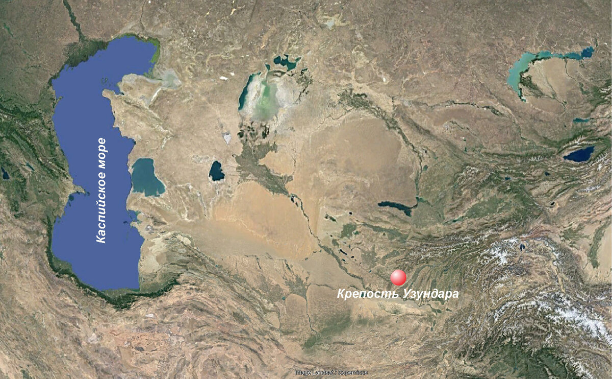 Карта расположения крепости Узундара и Великой Бактриской стены.