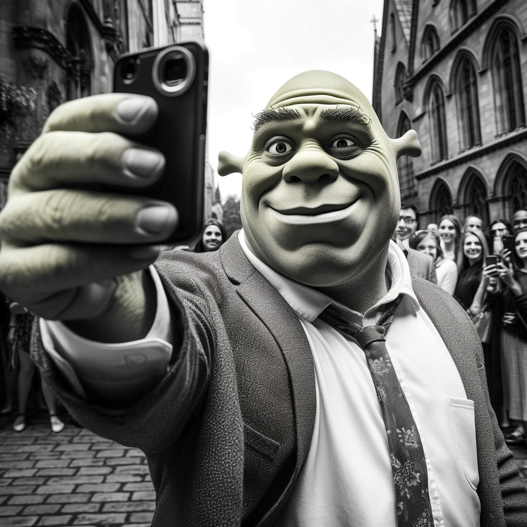 Оригинал промта на английском языке: colorfull and happy Shrek taking a selfie: he is exactly the same as the movie Shrek 1 release in 2001 he has the realistic same face as the film, standing in a dark, rainy, deserted street. He stands straight in a black and white tie suit, and poses with a neutral but charismatic face.