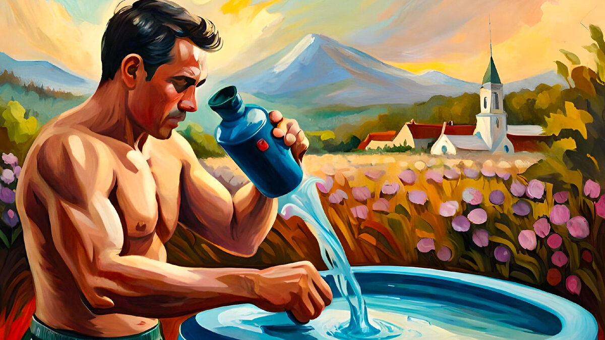 Спортсмен набирает воду из фонтана 