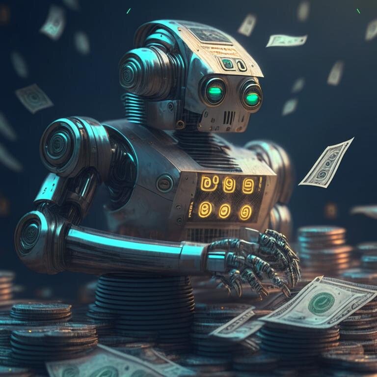 Роботы считают насколько выросла выручка у экспортеров. Рисунок нейросети Сбера - Кандинский 2.1.