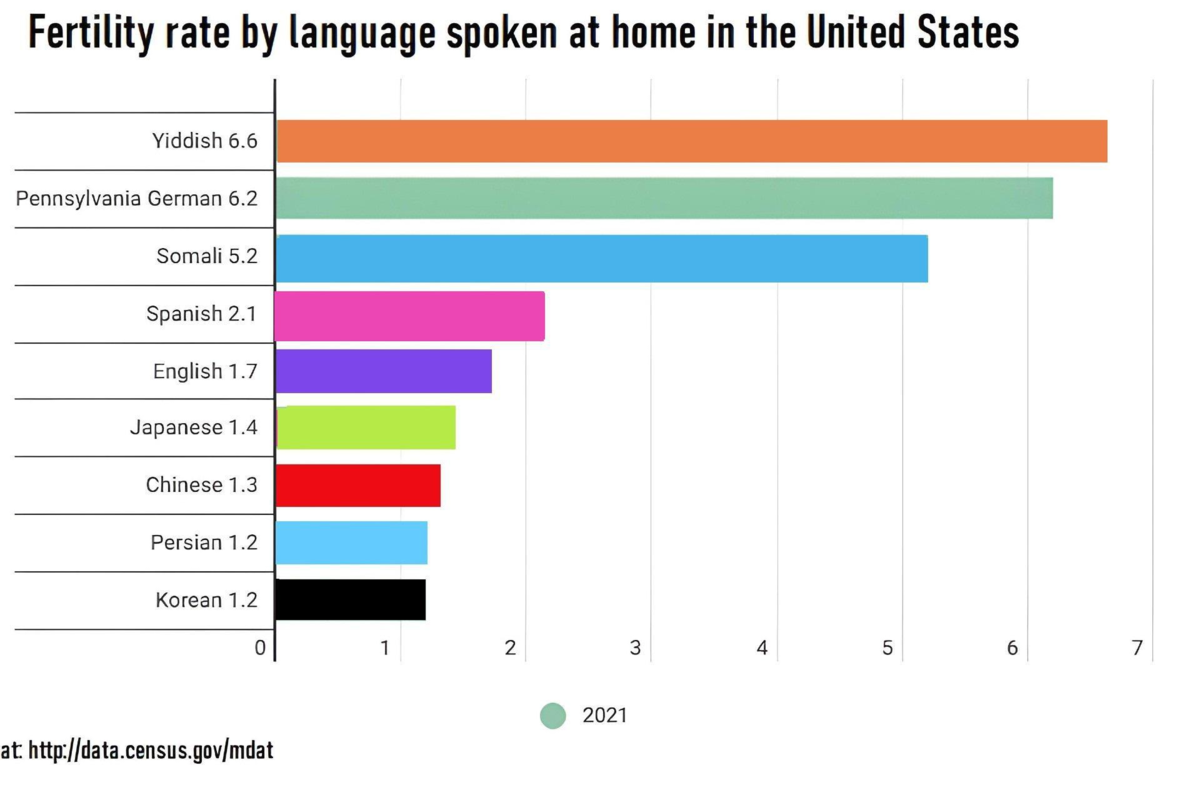 Рождаемость в США по эническим группам. Точнее, группировка по тому, на каком языке говорят дома.  И тут евреи всех обскакали. Хотя надо говорить именно о религиозных евреях.