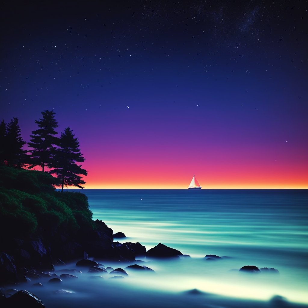 Ночной пейзаж, море. Нейросеть.