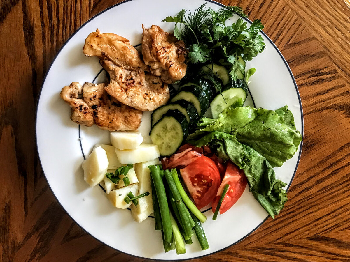 Принцип тарелки: ½ – клетчатка, ¼ – белки, ¼ – сложные углеводы.