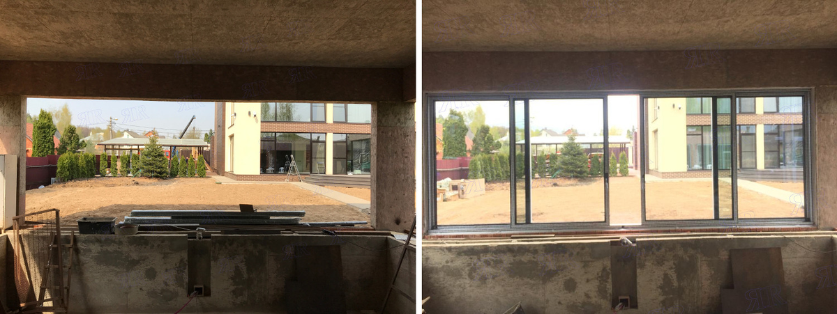 В этом проекте панорамные окна выполнены из алюминиевого профиля Schuco ASS 70.HI