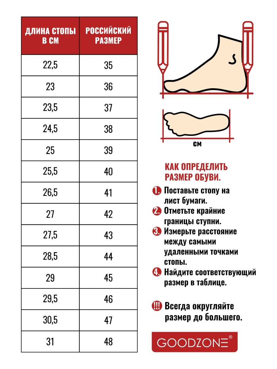 Размер обуви по длине стопы