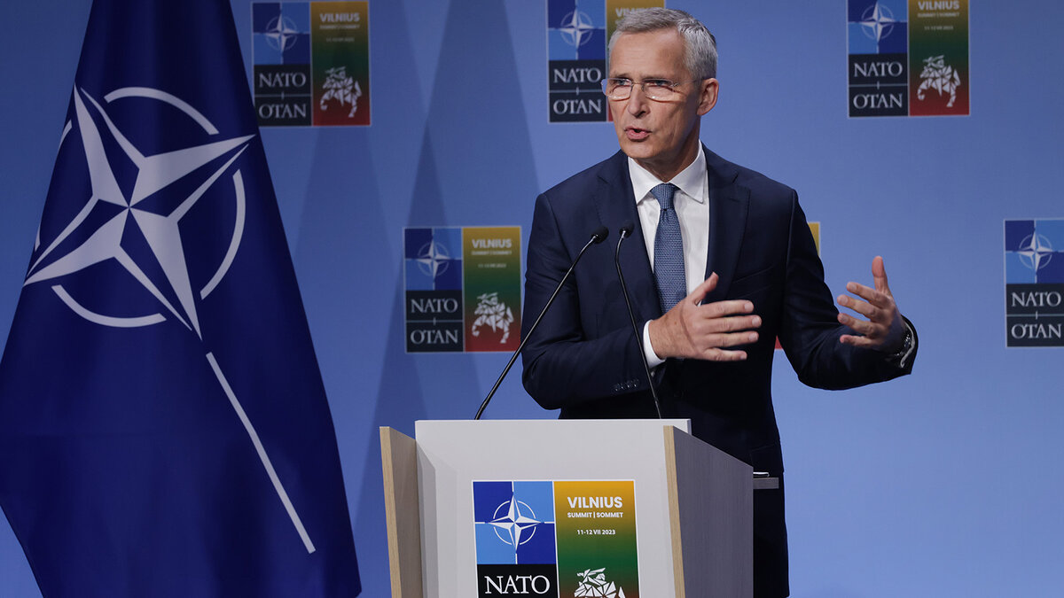 VILNIUS, LITHUANIA - JULY 10: NATO Secretary General Jens Stoltenberg speaks to the media prior to the 2023 NATO Summit on July 10, 2023 in Vilnius, Lithuania. The summit is bringing together NATO members and partner countries heads of state from July 11-12 to chart the alliance's future, with Sweden's application for membership and Russia's ongoing war in Ukraine as major topics on the summit agenda. (Photo by Sean Gallup/Getty Images)