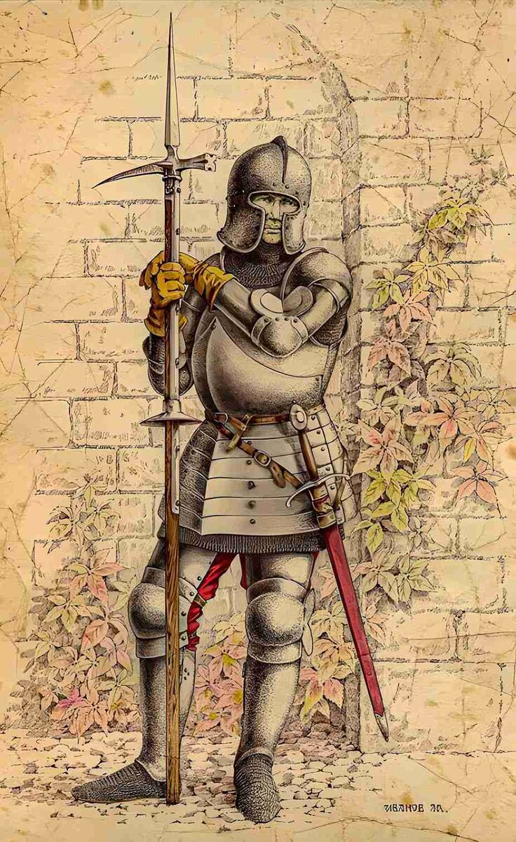 Рисунок воина с мечом и люцернским молотом.