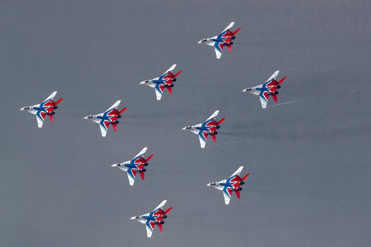 Выступление пилотажной группы «Стрижи» на МиГ-29 в рамках демонстрационной программы МАКС.