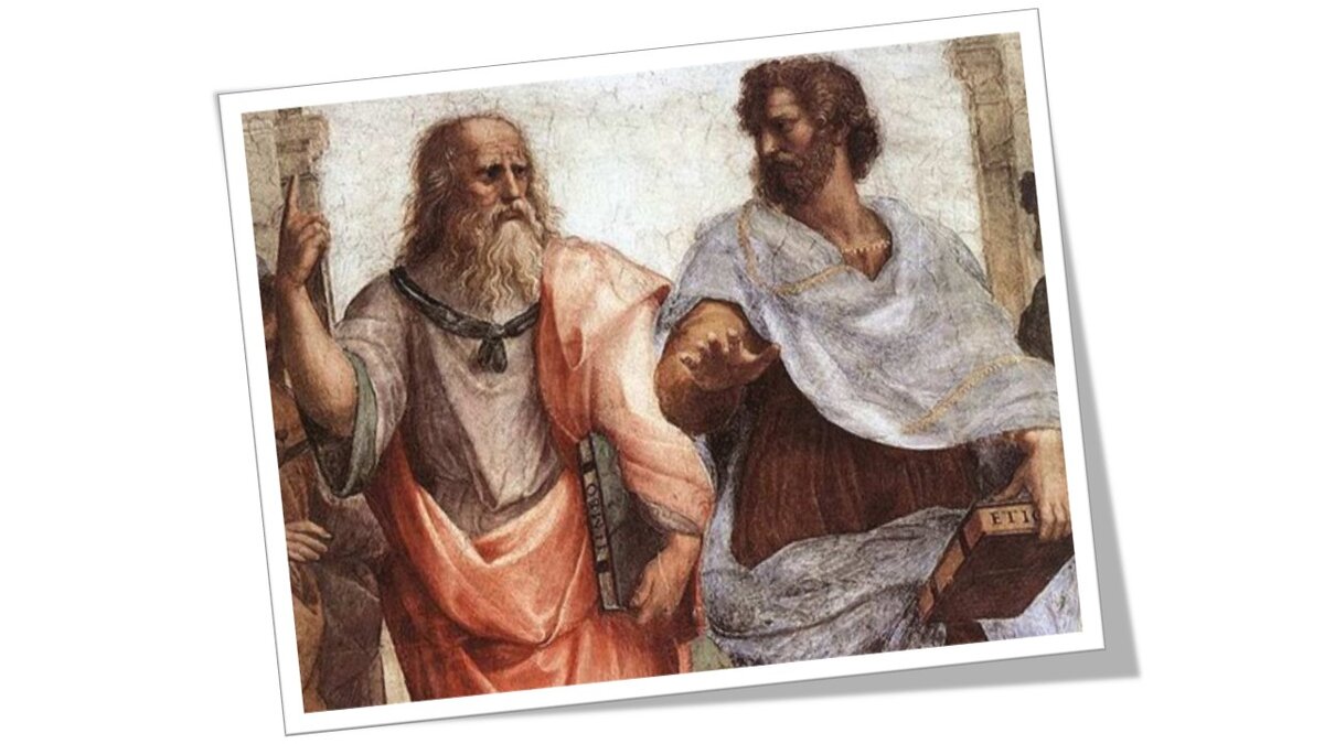 Фрагмент фрески «Афинская школа» работы Рафаэля Санти. Платон и Аристотель