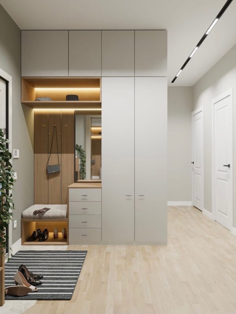 Модель распашного шкафа с антресольным рядом, вешалкой для верхней одежды, тумбой для аксессуаров и отделением для обуви