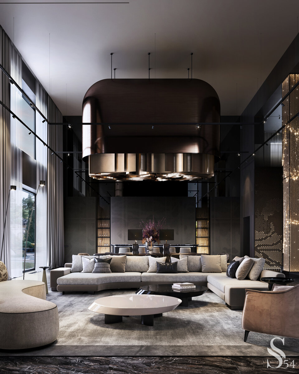 Подвесная инсталляция из металла над зоной столовой