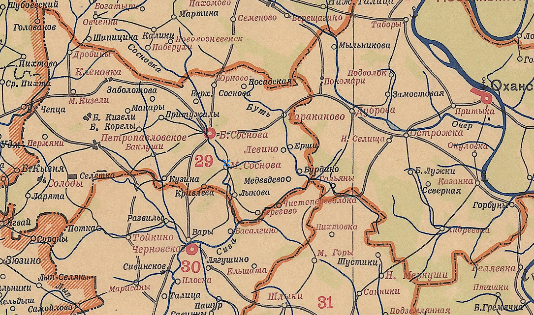 Малая Соснова на карте 1943 года. Источник: http://www.etomesto.ru/map-perm_oblast-1943/