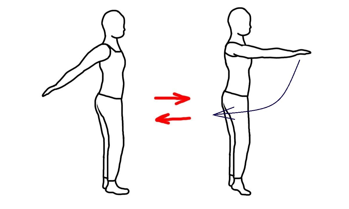 Упражнения стоя. Рывки прямыми руками в стороны. Рука отведена назад. Отведение прямых рук назад.