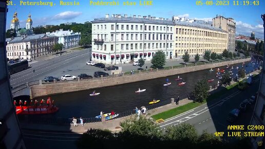 Восьмой фестиваль «Фонтанка-SUP» глазами супервидовой веб-камеры на канале Грибоедова в Санкт-Петербурге