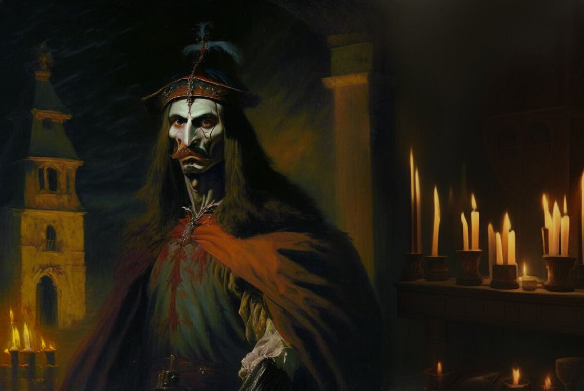 Дракула-Цепеш, восставший из гроба, ночью бродит по округе (Авторский коллаж на основе рисунков нейросети)