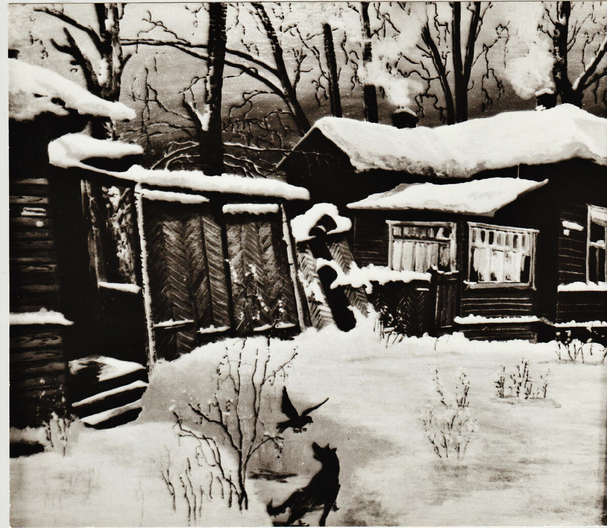 Вологда. 1970-е годы. Перекрёсток улиц Мира и Третьего Интернационала. Теперь на этом месте стоит торговый центр "Оазис". Александр Алексичев. "Зима", х/м, 40х50. Частная коллекция. Черно-белое фото, цветная плёнка была редкостью, про смартфоны ещё не слыхали...