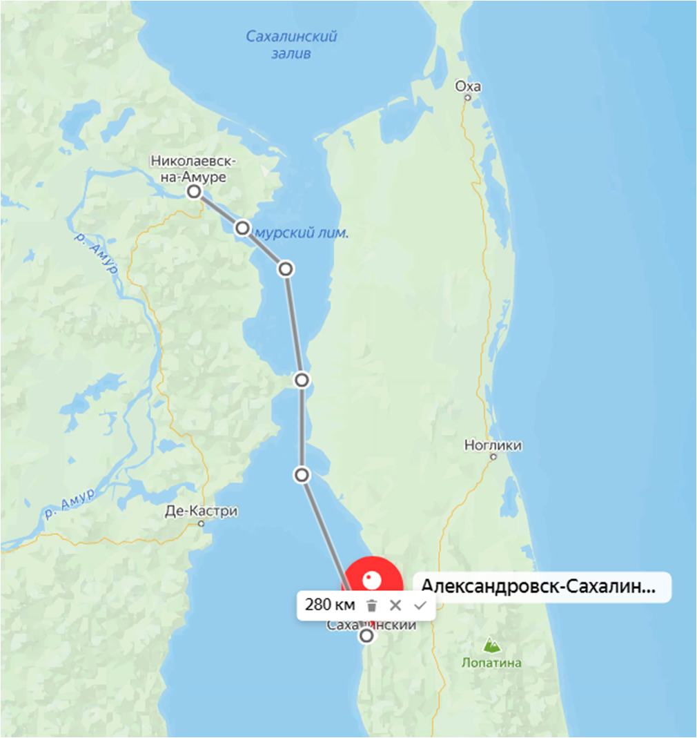 Расстояние от Николавеска-на-Амуре до Александровска-Сахалннского. Яндекс.Карты