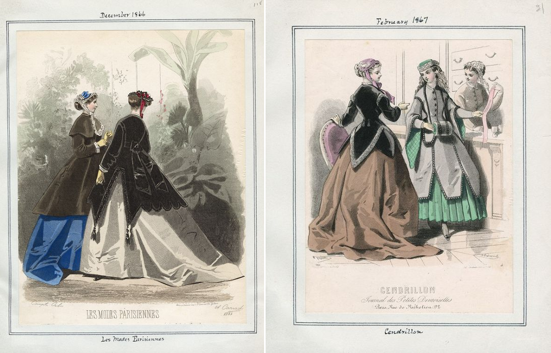 Модные гравюры из "Les Modes Parisiennes", 1866 и 1867. (c) Из коллекции Публичной библиотеки Лос-Анджелеса