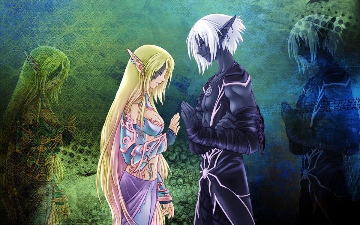 Светлая эльфийка и тёмный эльф. Фанарт.