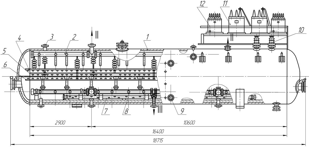 Электродегидратор горизонтальный 2ЭГ 160-2: 1 - корпус, 2 - сборник обессоленной нефти, 3 - штуцер для предохранительного клапана, 4, 5, 6 - электроды, 7 - дренажный коллектор, 8 - распределитель сырой нефти, 9 - штуцер для межфазного регулятора уровня, 10 - изоляторы, 11 - трансформаторы, 12 - катушки реактивные